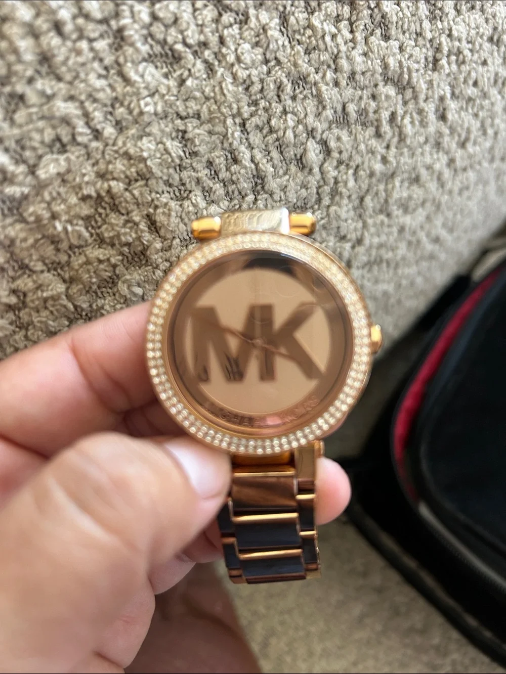 Michael Kors Rose Gold-Tone Crystal Bezel MK Logo Bracelet Watch